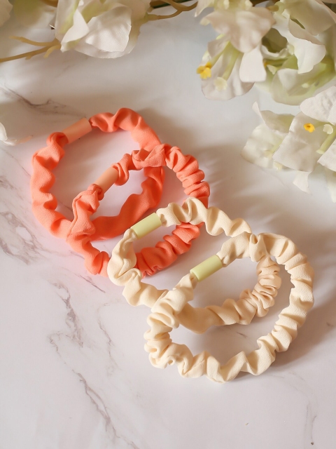 

Bellofox Women Pack of 4 Peach-Colored & Beige Solid Candy Crinkled Mini Ponytail Holders