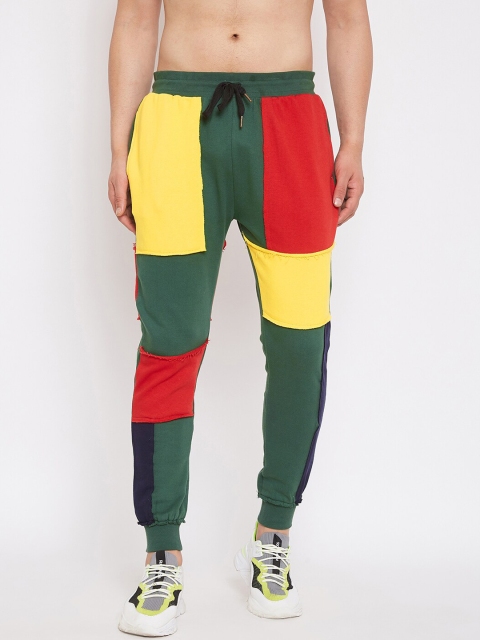 FUGAZEE Men Green & Yellow Colourblocked Slim-Fit Joggers