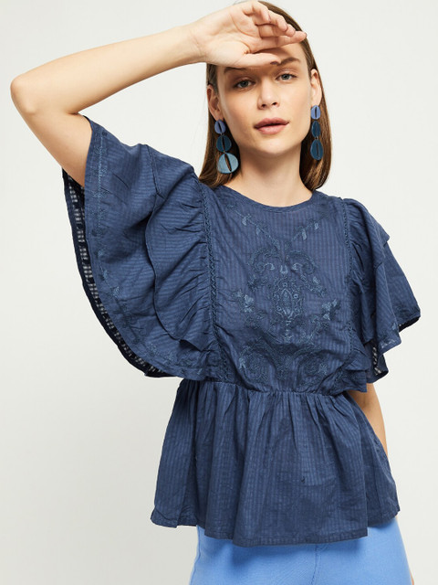 

max Women Blue Floral Embroidered Pure Cotton Top