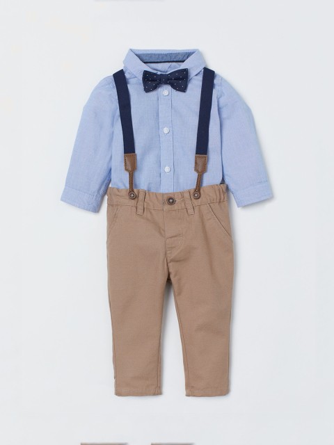 

H&M Boys Blue Solid Shirt & Beige Solid Chinos with Suspenders