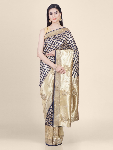 

Hastakala Gold-Toned & Navy Blue Silk Cotton Woven Design Uppada Saree