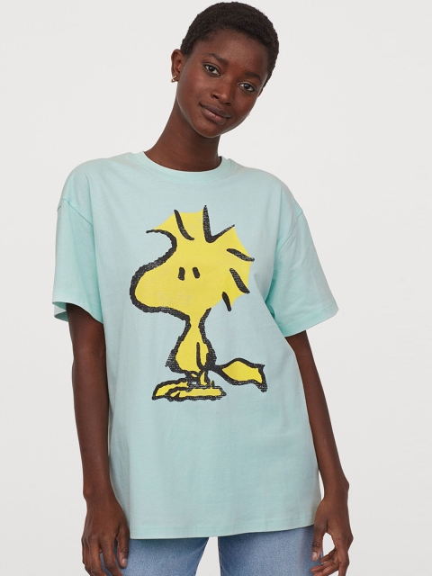 

H&M Women Sea Green Oversized Printed T-shirt