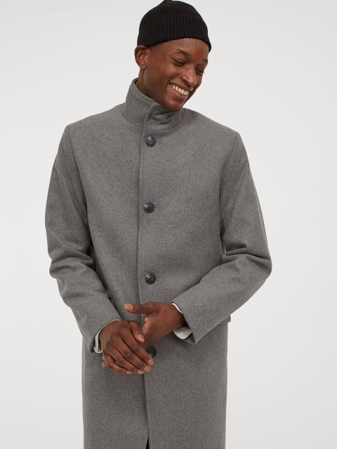 

H&M Men Grey Solid Longline Wool-Blend Coat