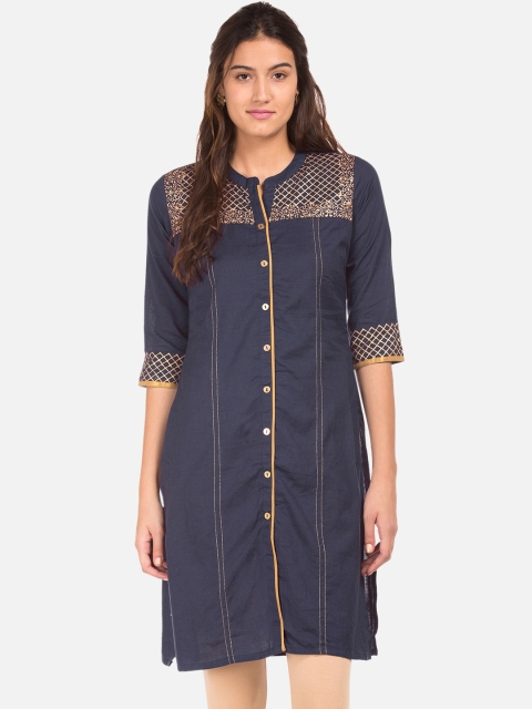 

Karigari Women Navy Blue Checked Straight Kurta