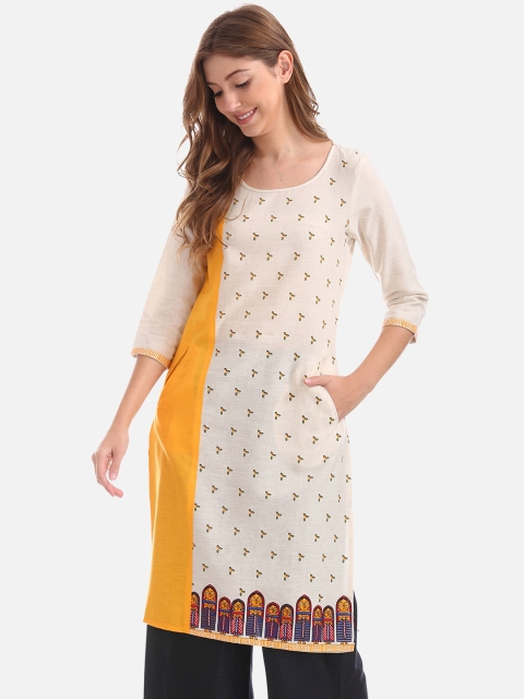 

Karigari Women Cream-Coloured & Yellow Printed A-Line Kurta