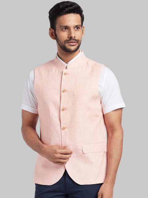 

Parx Men Pastel Orange Solid Woven Nehru Jacket