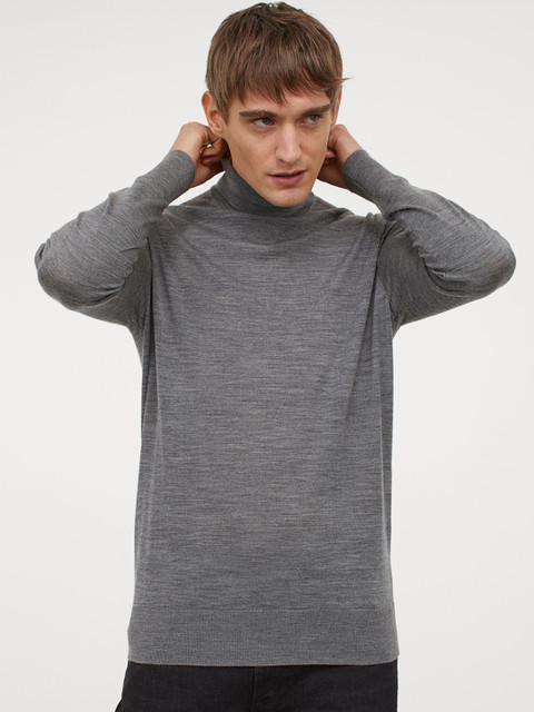 

H&M Men Grey Solid Merino Wool Polo-Neck Jumper