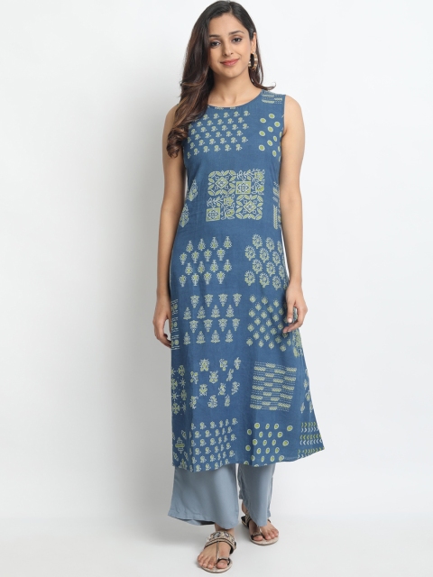 

Molcha Women Blue & Green Hand Block Printed A-Line Kurta