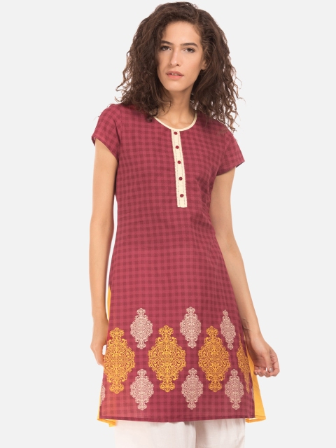 

Karigari Women Maroon & Yellow Checked A-Line Kurta