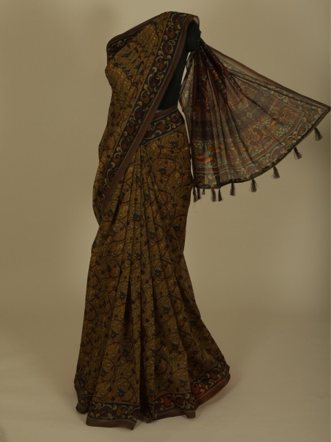 Pothys Olive Green & Brown Cotton Blend Printed Saree