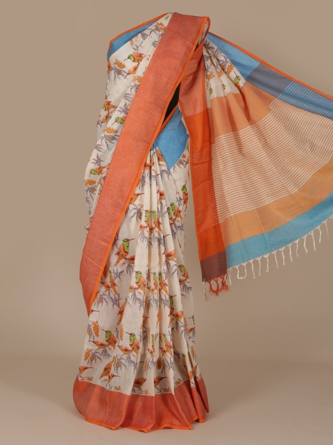 

Pothys Off-White & Orange Pure Linen Floral Printed Saree