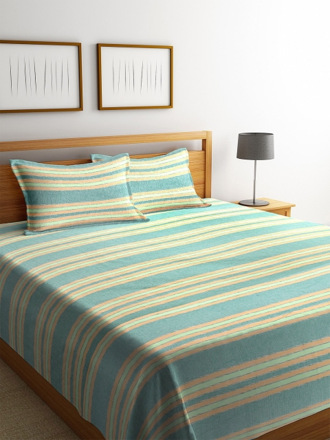 

KLOTTHE Green & Orange Striped Double Bed Cover With 2 Pillow Covers