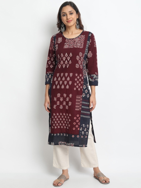 

Molcha Women Maroon & Black Printed Straight Kurta