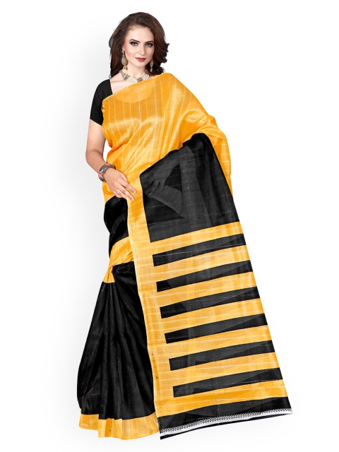

KALINI Yellow & Black Art Silk Colourblocked Block Print Saree