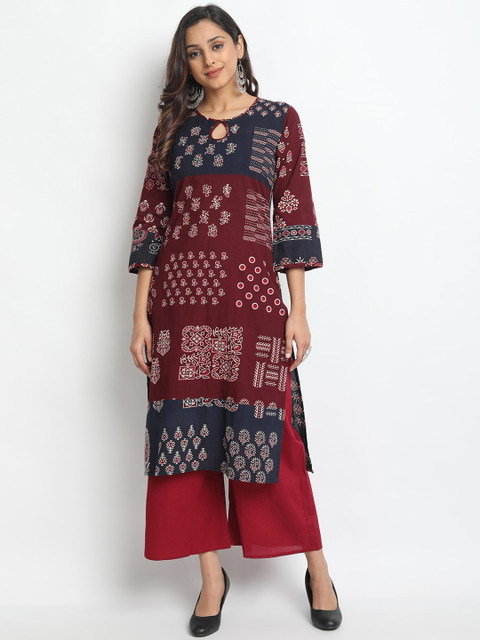 

Molcha Women Maroon & Black Printed Straight Kurta