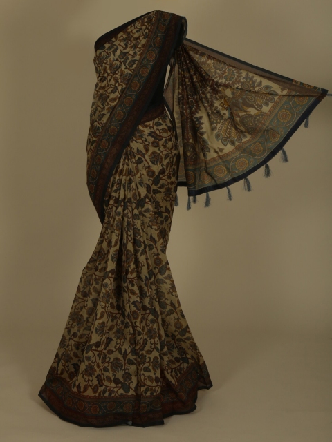 

Pothys Green & Brown Cotton Blend Printed Chanderi Saree