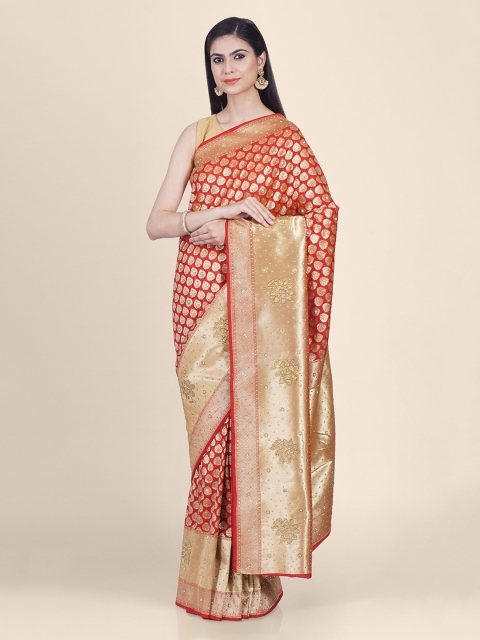 

Hastakala Gold-Toned & Red Pure Silk Woven Design Banarasi Saree