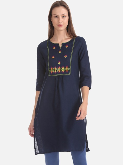 

Karigari Women Navy Blue Embroidered Straight Kurta