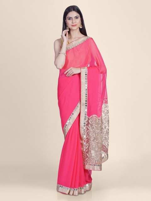 

Hastakala Pink & Gold-Toned Poly Chiffon Solid Saree