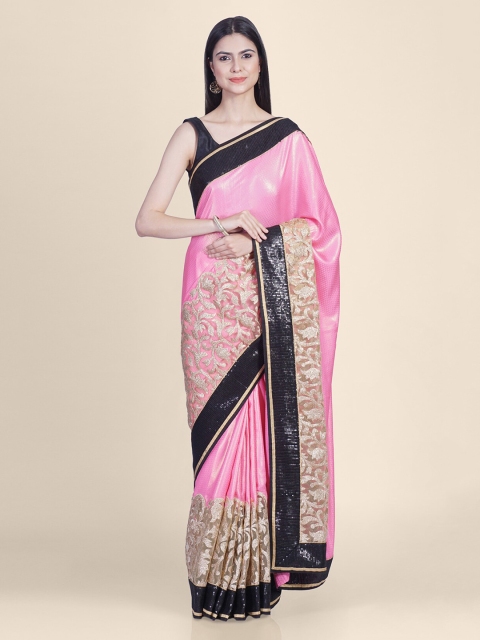 Hastakala Pink & Black Pure Crepe Woven Design Saree
