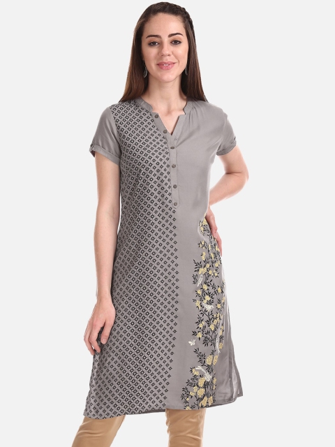 

Karigari Women Grey & Black Floral Printed A-Line Kurta