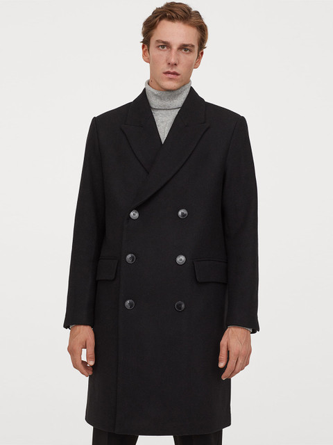 

H&M Men Black Solid Wool-blend Coat