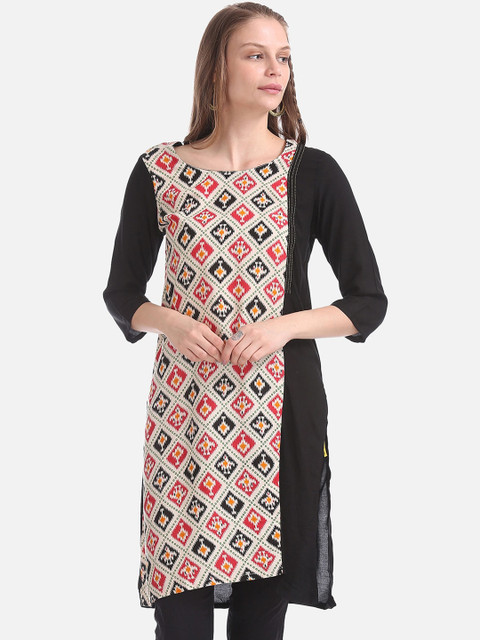 

Karigari Women Black & Off-White Printed Straight Kurta