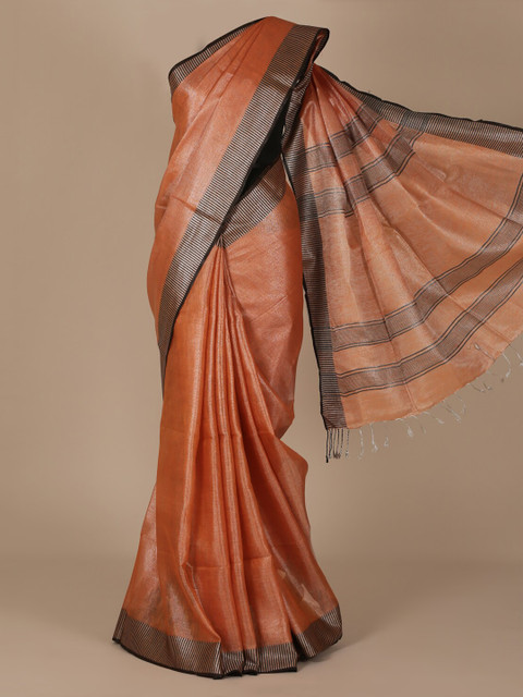 

Pothys Peach-Coloured & Black Pure Linen Solid Saree