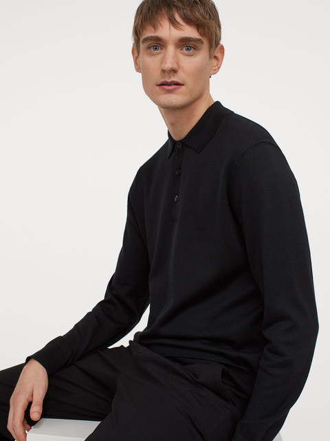 

H&M Men Black Solid Premium Cotton Polo Jumper