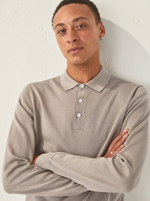 

H&M Men Beige Solid Premium Cotton Polo Jumper