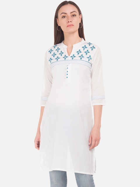 

Karigari Women White & Blue Embroidered Straight Kurta