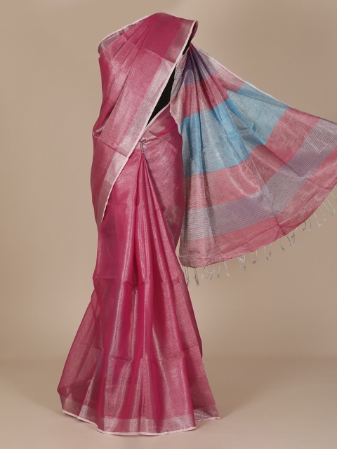 

Pothys Pink & Blue Pure Linen Woven Design Saree