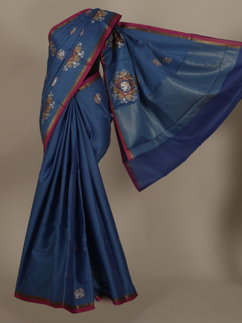 

Pothys Blue & Gold-Coloured Tanchoi Kora Jute Silk Printed Saree