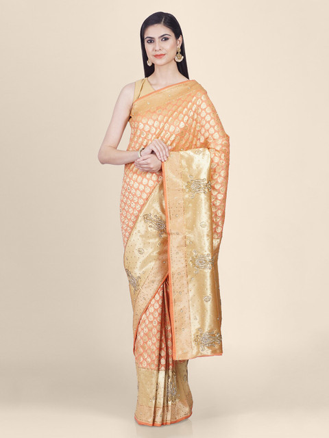 

Hastakala Orange & Gold-Toned Silk Cotton Woven Design Uppada Saree