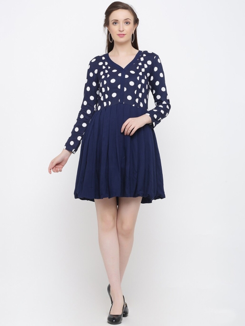 

Indian Virasat Women Navy Blue & White Polka Dot Printed Fit and Flare Dress