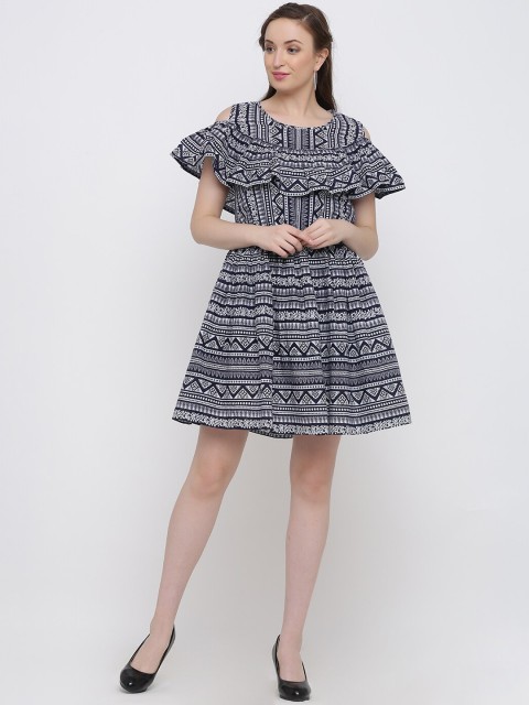 

Indian Virasat Women Navy Blue & Off-White Printed Fit and Flare Dress