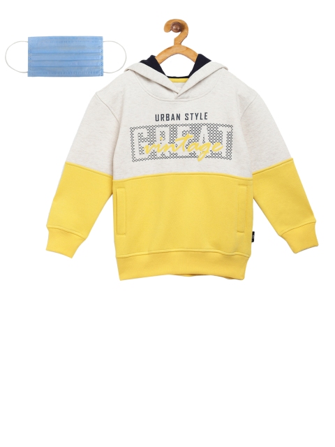 

Lil Tomatoes Boys Yellow & Off-White Colourblocked Hooded Sweatshirt & 3-Ply Surgical Mask