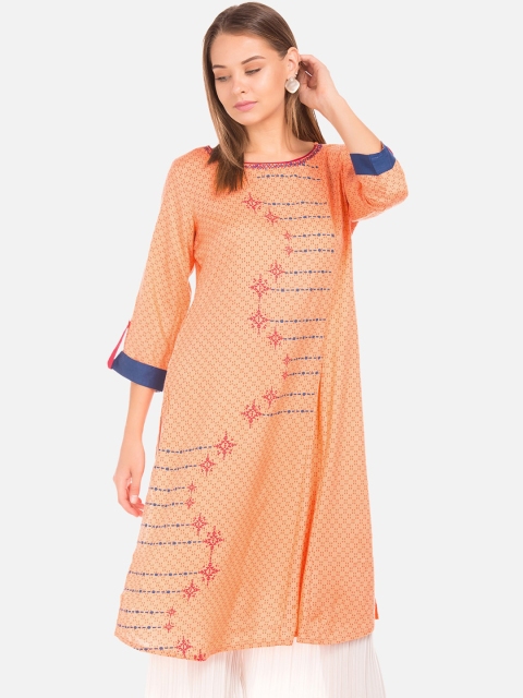 Karigari Women Peach-Coloured & Blue Printed Anarkali Kurta