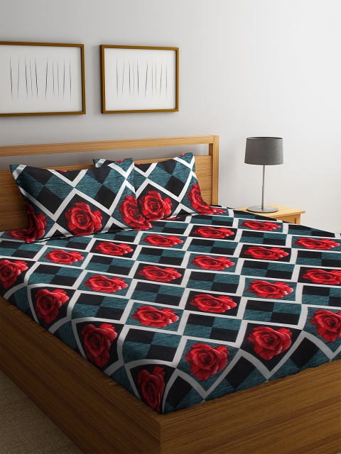 

NEUDIS Black & Red Floral Printed 180 TC Double Bedsheet with 2 Pillow Covers