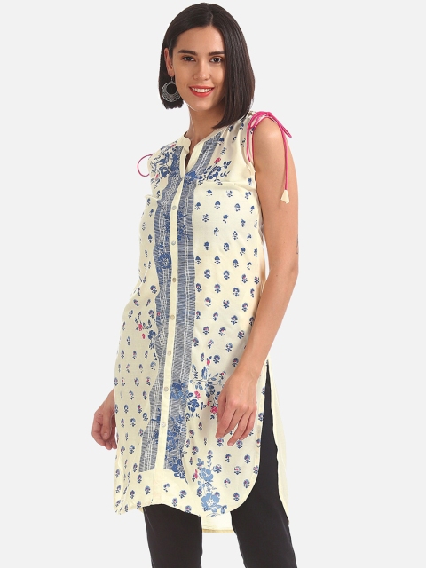 

Karigari Women Cream-Coloured & Blue Printed Straight Kurta