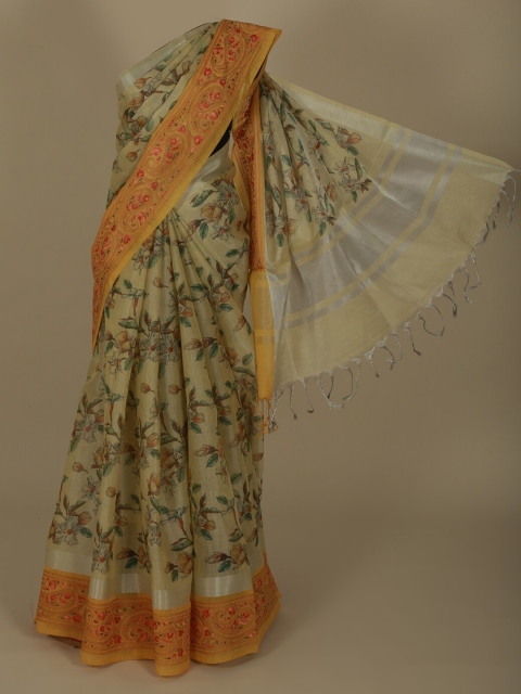 

Pothys Cream-Coloured & Green Tissue Printed Saree