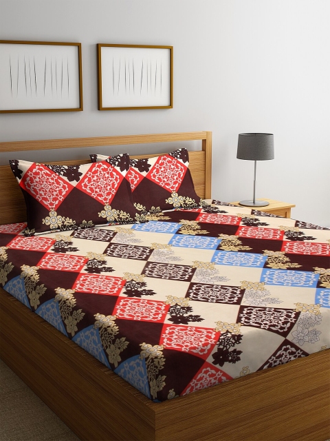 

NEUDIS Beige & Red Printed 180 TC Cotton Double King Bedsheet With Two Pillow Covers