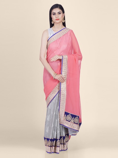 

Hastakala Pink & Grey Pure Georgette Colourblocked Saree