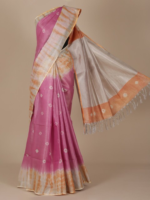 

Pothys Pink & Orange Pure Linen Colourblocked Saree