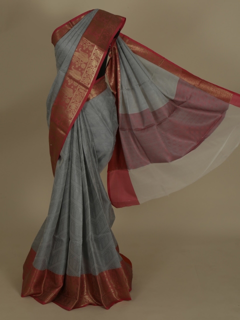 

Pothys Grey & Maroon Tanchoi Kora Silk Printed Saree
