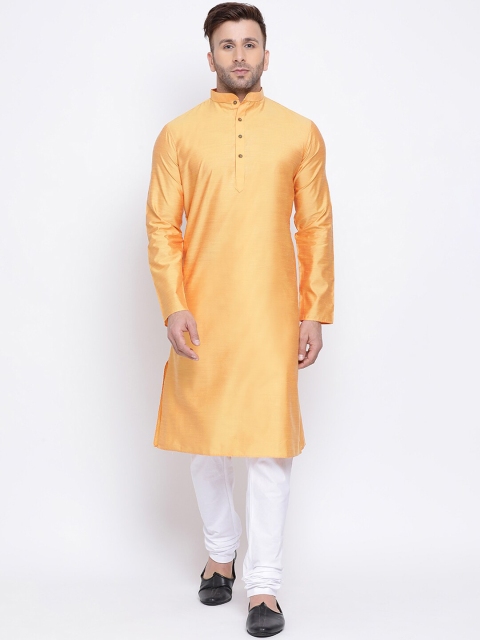 

NAMASKAR Men Yellow & White Solid Kurta with Churidar