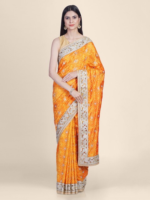 

Hastakala Orange & Silver-Coloured Pure Crepe Stone Work Embellished Patola Saree