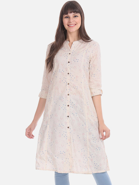 

Karigari Women Off-White & Pink Printed Straight Kurta