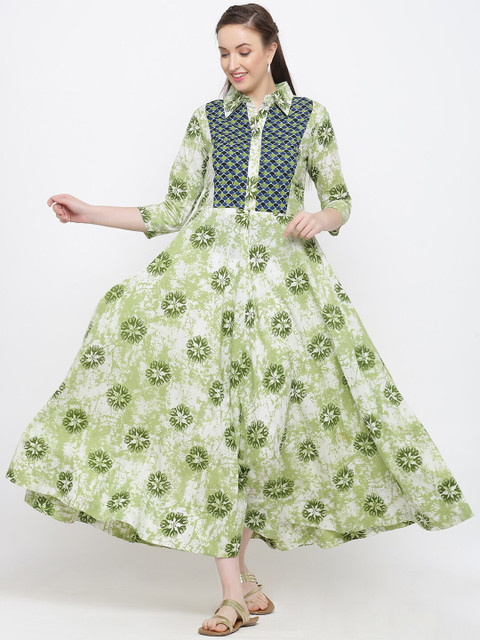 

Indian Virasat Women Green & Navy Blue Printed Maxi Dress