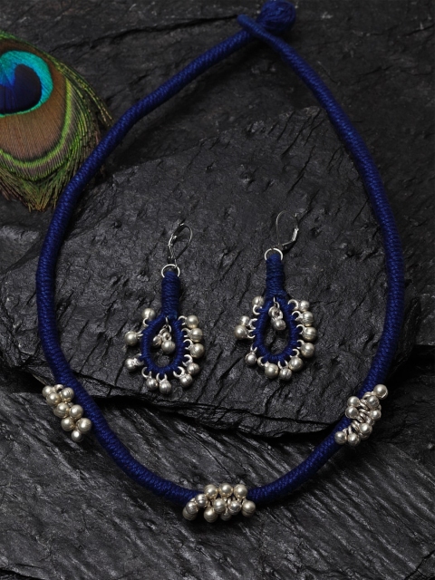 

DUGRISTYLE Blue Thread Handcrafted Jewellery Set with 92.5 Silver Ghungroo Charms